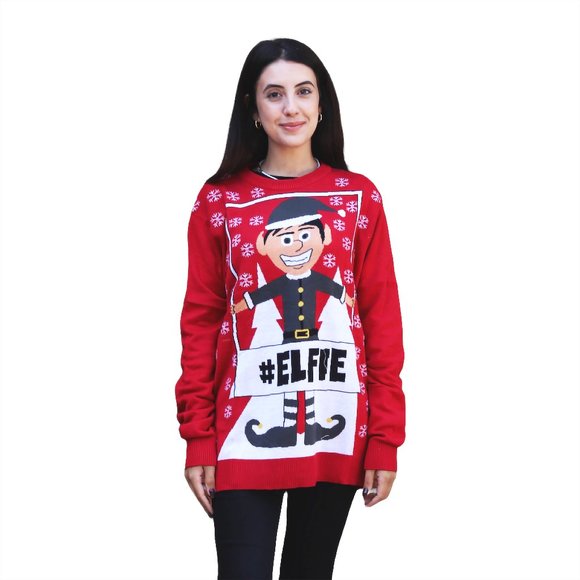 Women’s #Elfie Hashtag Ugly Christmas Sweater - Picture 1 of 2